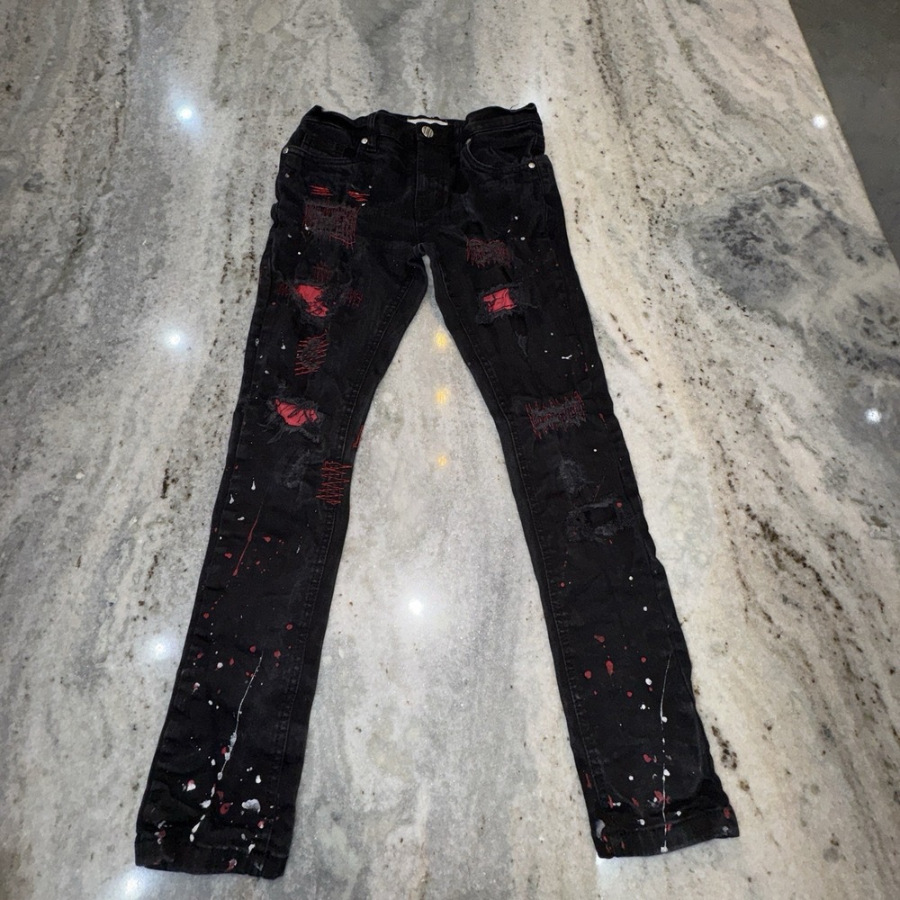 FWRD Denim‎ Youth 14 Skinny Jeans Black Red Ripped Stitched Paint Splatter Punk